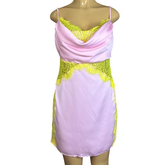 Fore Pink Sleeveless Dress Draped Neck Yellow Eyelash Lace Size Large - Picture 1 of 9
